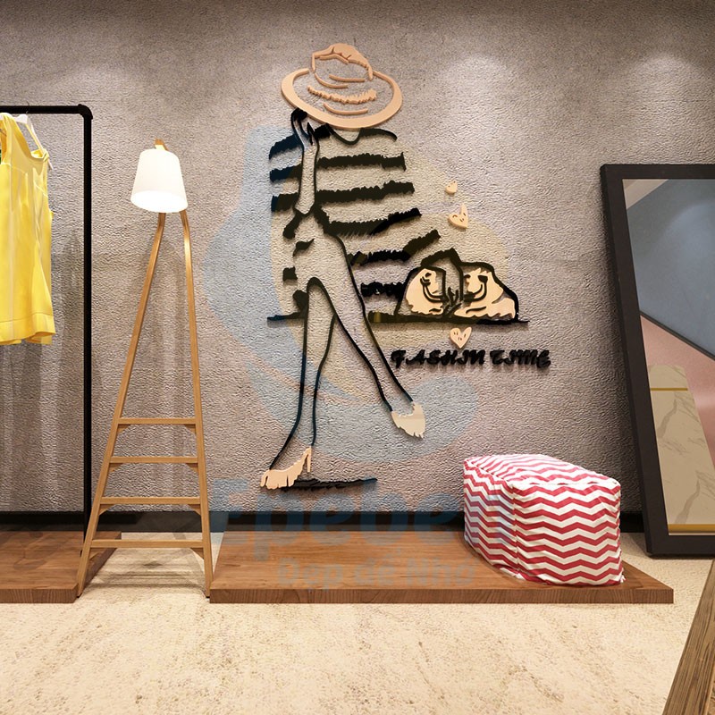 Tranh dán tường mica 3d decor khổ lớn fashion time trang trí spa, shop thời trang, phòng ngủ, nail, cafe
