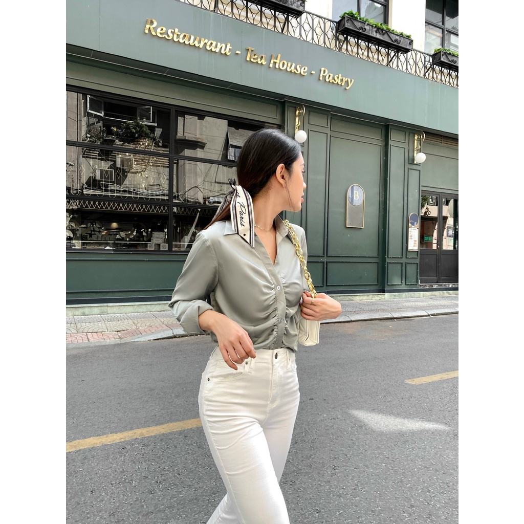 Áo sơ mi lụa xếp nhún trước MIEU - HD35