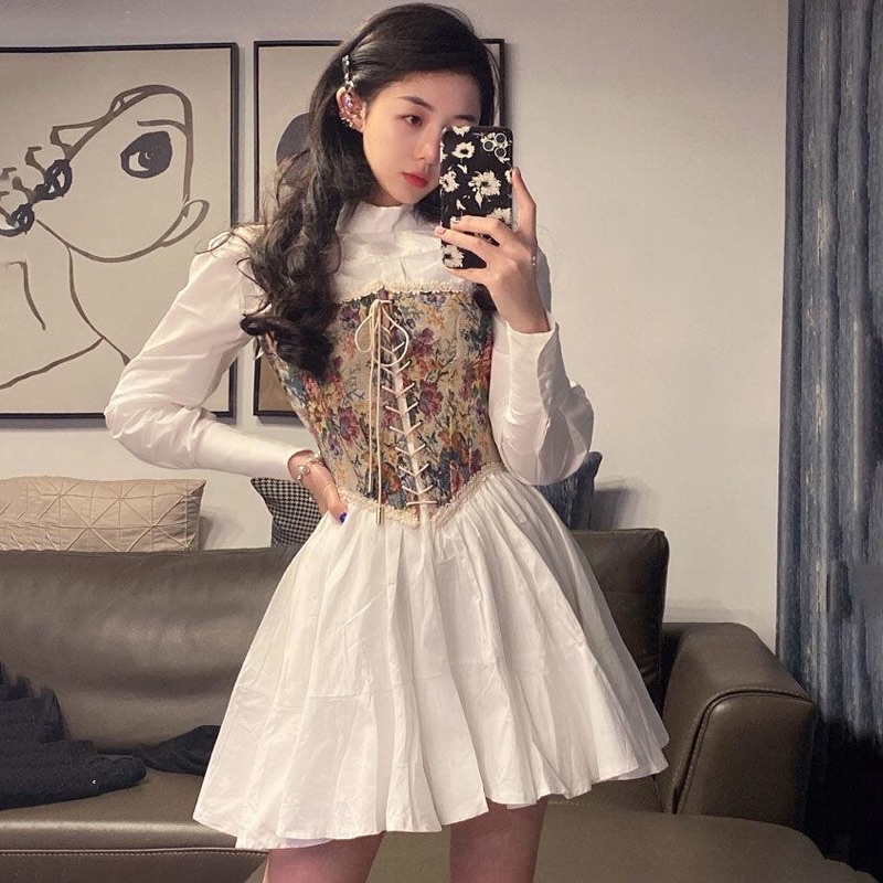 Set váy+corset hoa retro Pháp