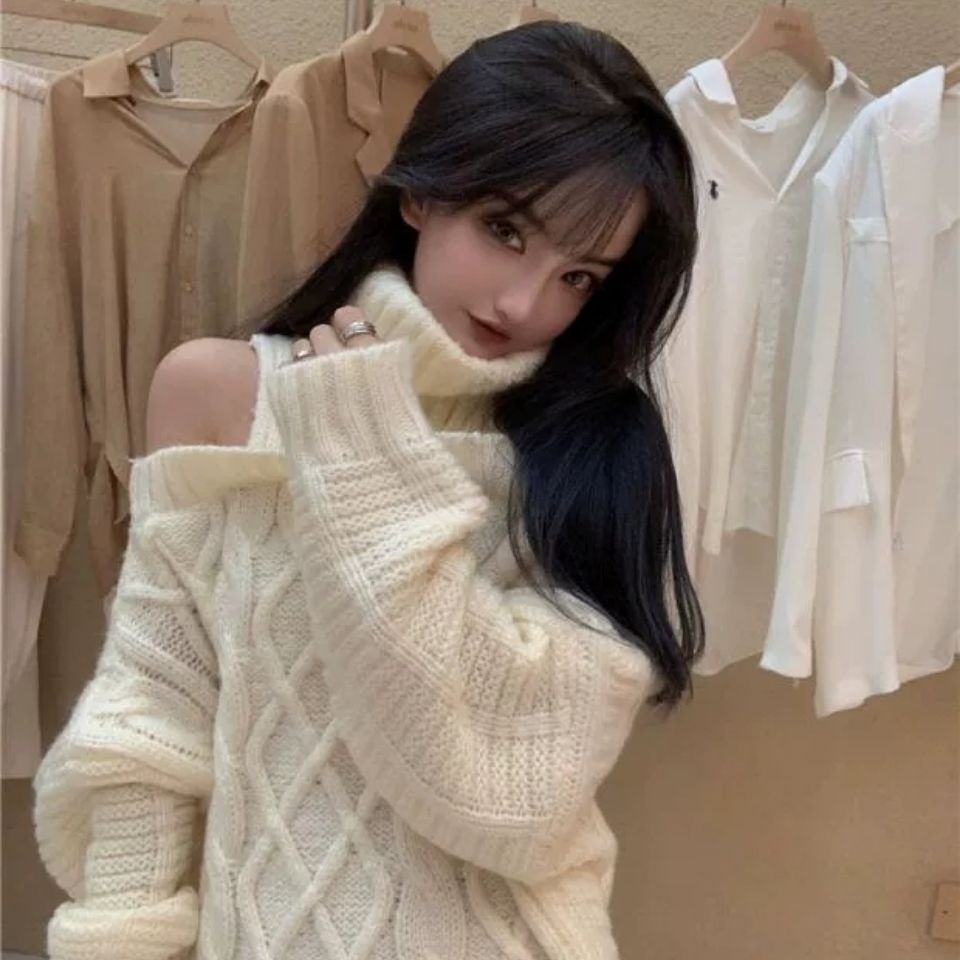 Áo sweater dệt kim cổ cao tay dài dáng rộng thời trang thu đông hàn quốc cho nữ