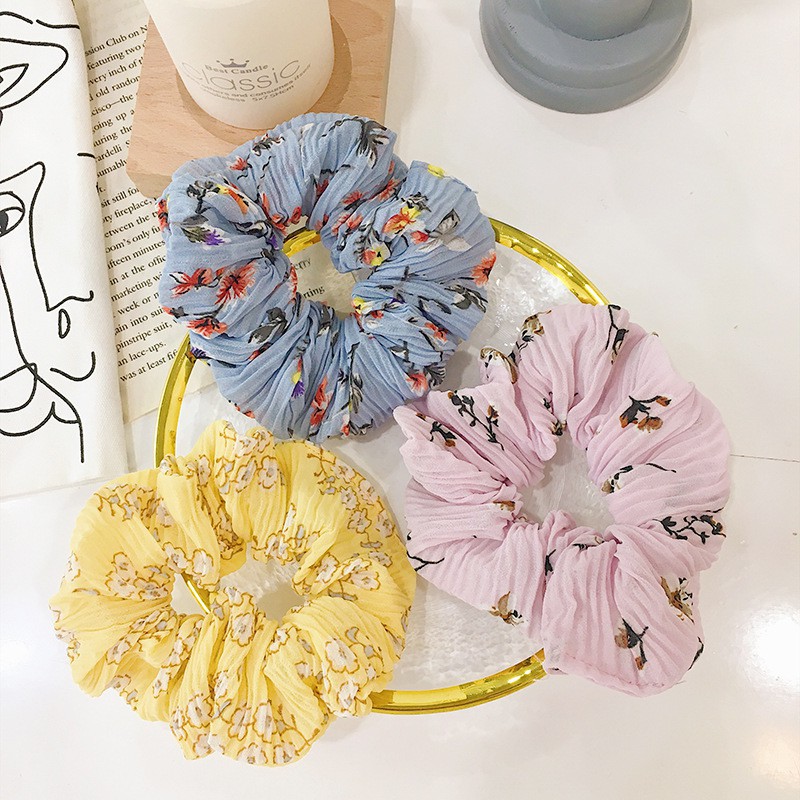 Cột Tóc Scrunchie Vải Hoa Nhún Xếp Ly Floral Xinh Xắn