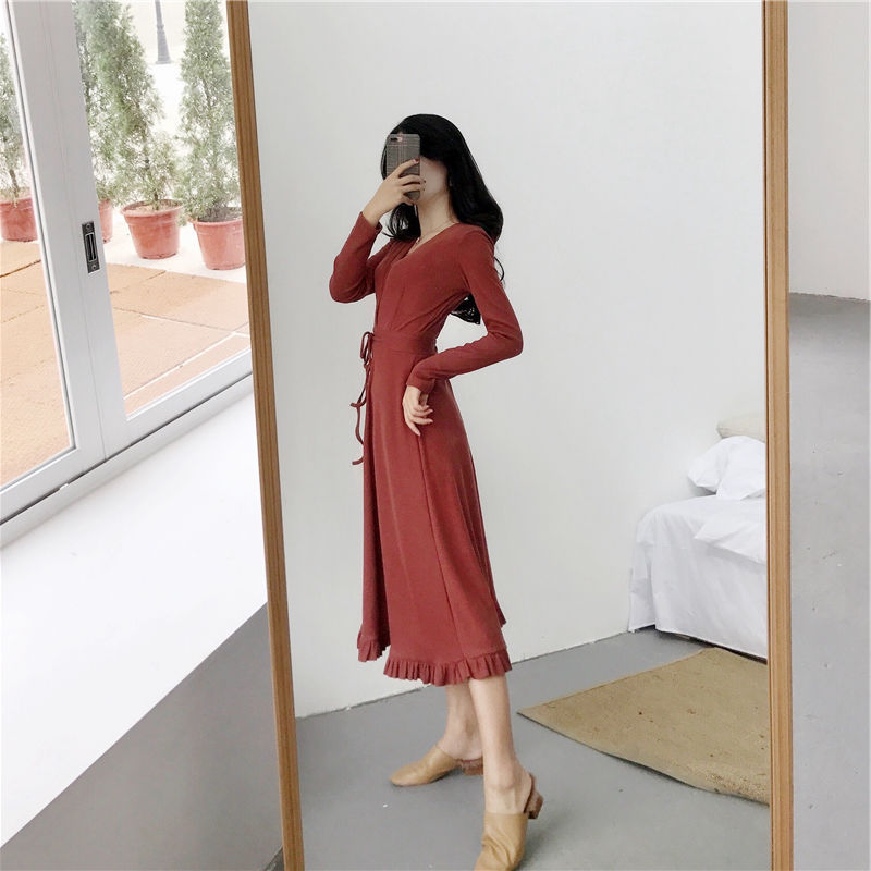 Đầm Nữ Tay Dài Cổ Chữ V Nhấn Eo Phong Cách Hàn Quốc