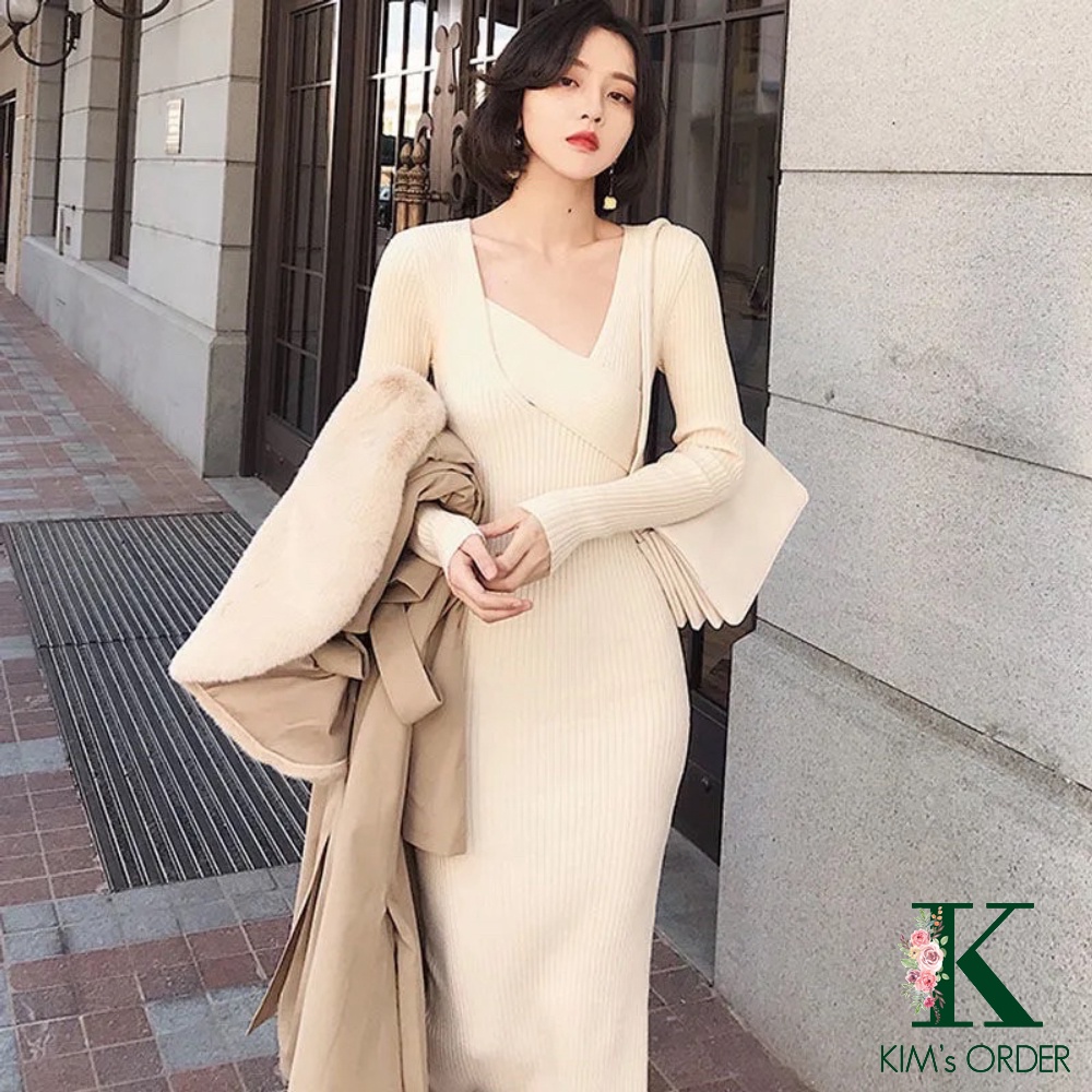 Váy len nữ ôm sát bút chì body cổ vạt kiểu chữ V màu be đen nâu dài tay dáng dài xẻ sau style sang chảnh Hàn Quốc