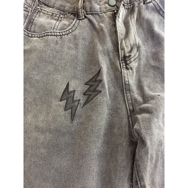 Quần jean ống rộng unisex họa tiết thêu sấm sét đơn giản dễ phối đồ