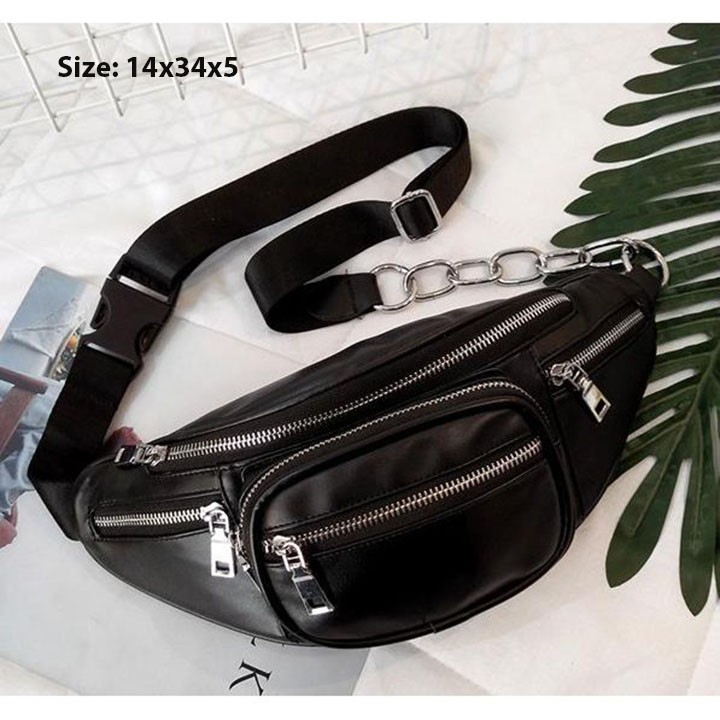 Túi bao tử đeo chéo da trơn unisex nam nữ đeo bụng đeo trước ngực phối xích cá tính | BigBuy360 - bigbuy360.vn