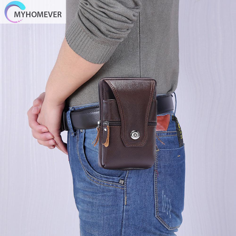 myhomever Men Genuine Leather Waist Bag Business Waterproof Phone Belt Bum Zip Pouch