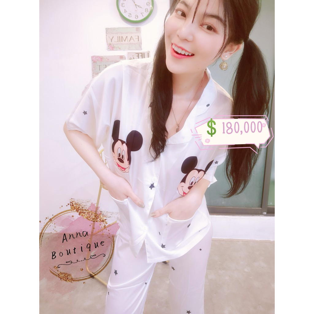 Đồ Bộ Phi Lụa Quần Dài Chuột Mickey, Pijama Cao Cấp