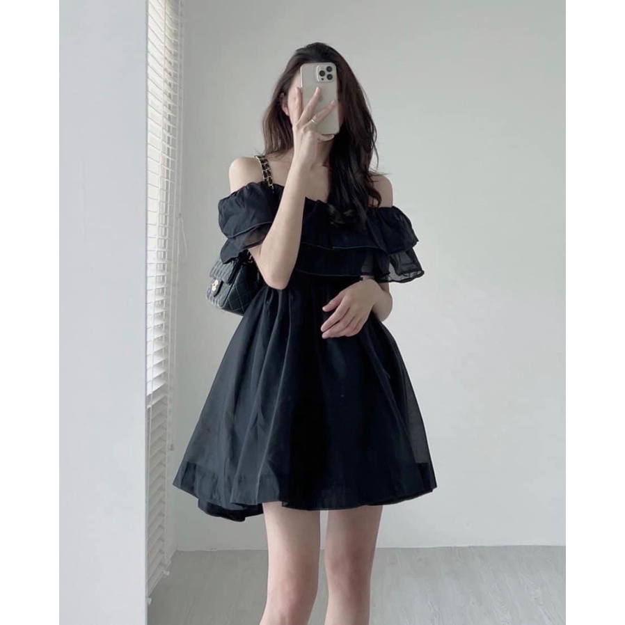 Váy tiểu thư trễ vai xếp bèo 2 tầng chất voan 2 lớp- đầm babydoll hở vai dáng xòe về màu đen be phong cách hàn quốc