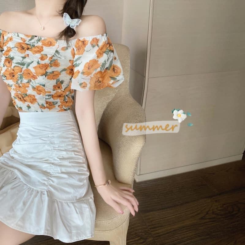 Set Áo Trễ Vai Hoa Kèm Chân Váy Nhúm Cao Cấp , Set Trễ Vai Hoa Nhúm Mặc 2 Kiểu Siêu Xinh
