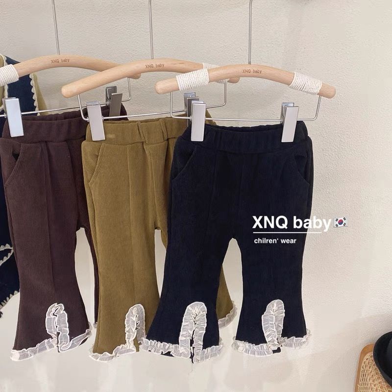 Quần Dài Ống Loe Xẻ Tà Phối Ren Thời Trang Xuân Thu Phong Cách Hàn Quốc Cho Bé Gái