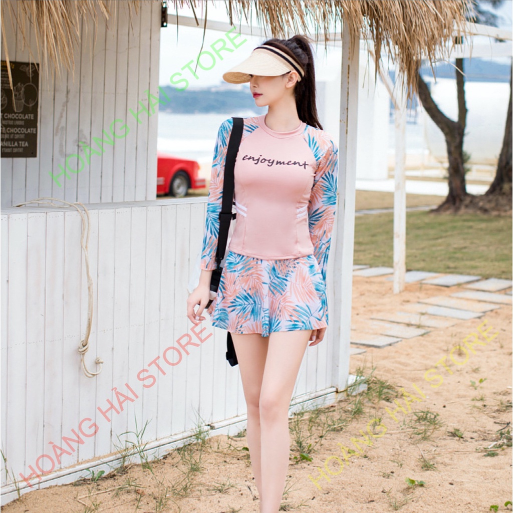 Bộ đồ bơi bikini kín đáo nữ hai mảnh đi tắm biển áo dài tay kèm váy giấu bụng che nắng - B.29