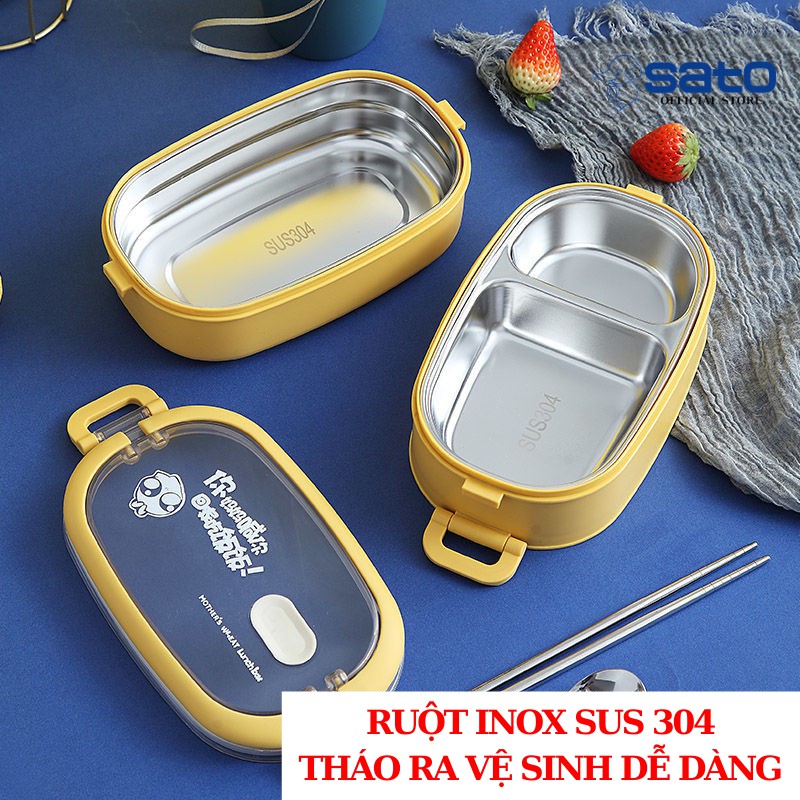 Hộp đựng cơm văn phòng inox 2 tầng, Hộp cơm giữ nhiệt 3 ngăn lúa mạch dùng cho lò vi sóng Lunch Box