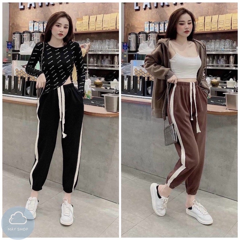 QNU106 - QUẦN JOGGER NỮ LEN TỔ ONG PHỐI SỌC TRẮNG