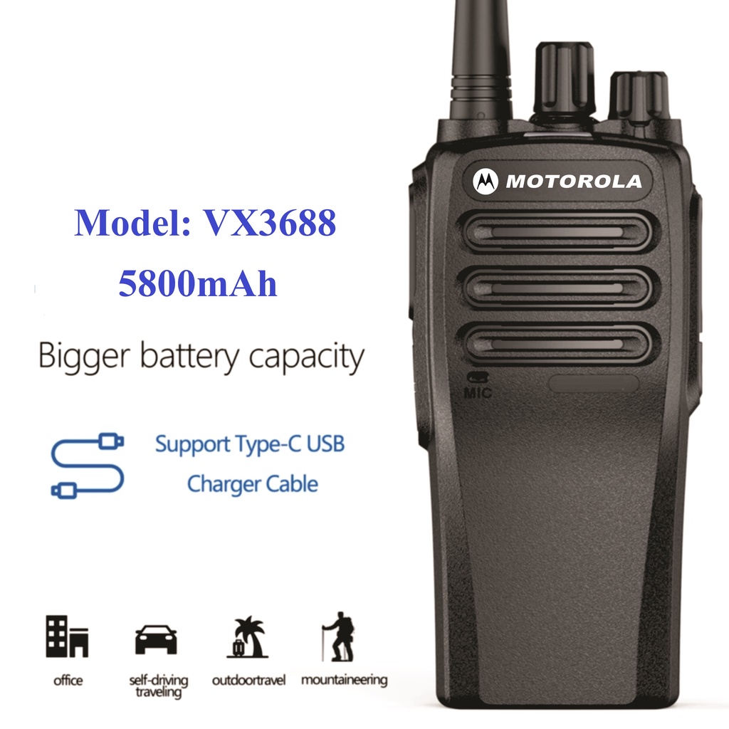Bộ 2 Bộ đàm công suất lớn Motorola VX3688 (8W thực, loa to, cự ly liên lạc xa, giá siêu rẻ, hỗ trợ  sạc Type C)