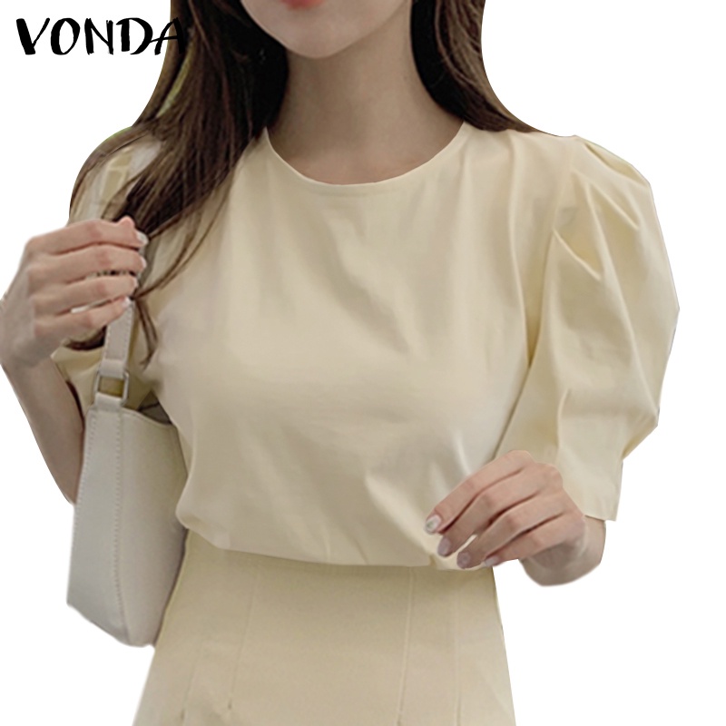 Áo kiểu VONDA tay ngắn cổ tròn màu trơn phong cách Hàn Quốc thời trang mùa hè cho nữ