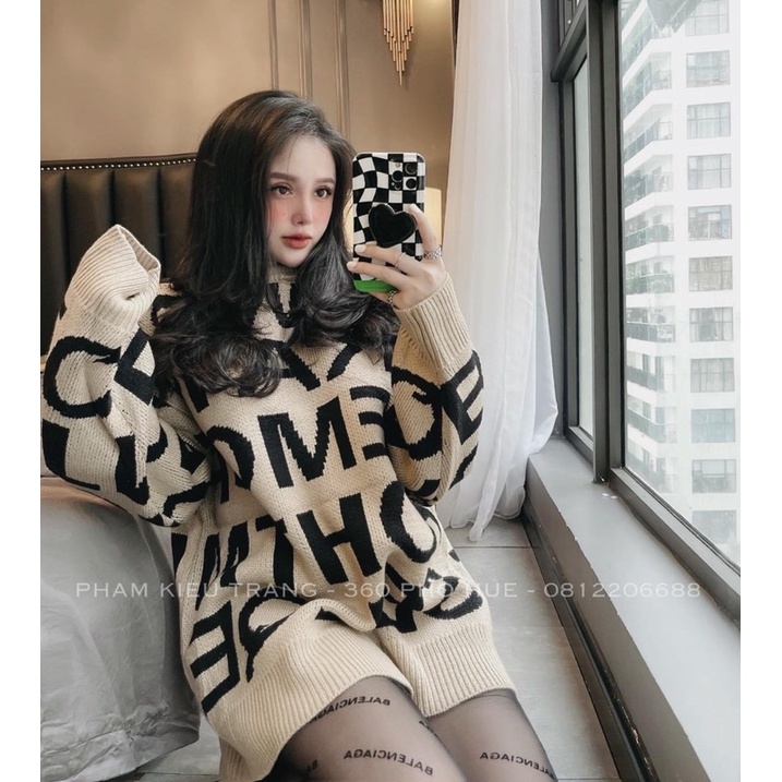 Áo len dài giấu quần qua mông in chữ chất len lông cuuu form thụng oversize cá tính sang chảnh cổ tròn