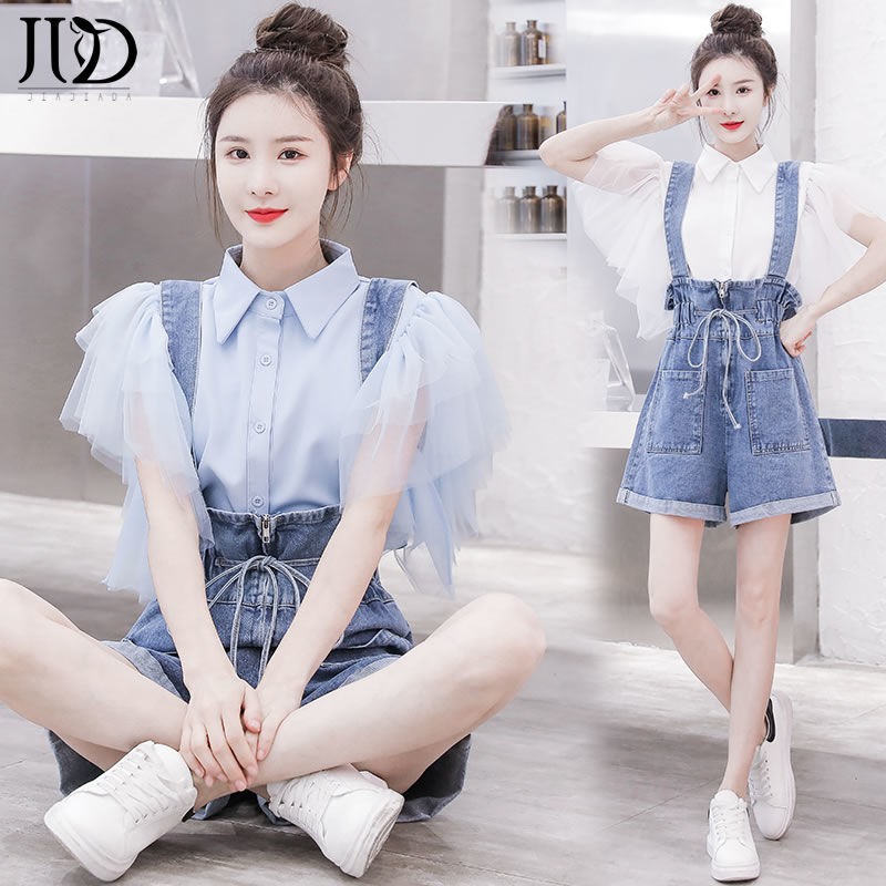 ✢∋✴2021 summer new Korean version of age-reducing waist waist denim overalls shorts super fairy yarn sleeve shirt two-piece suit female is thin