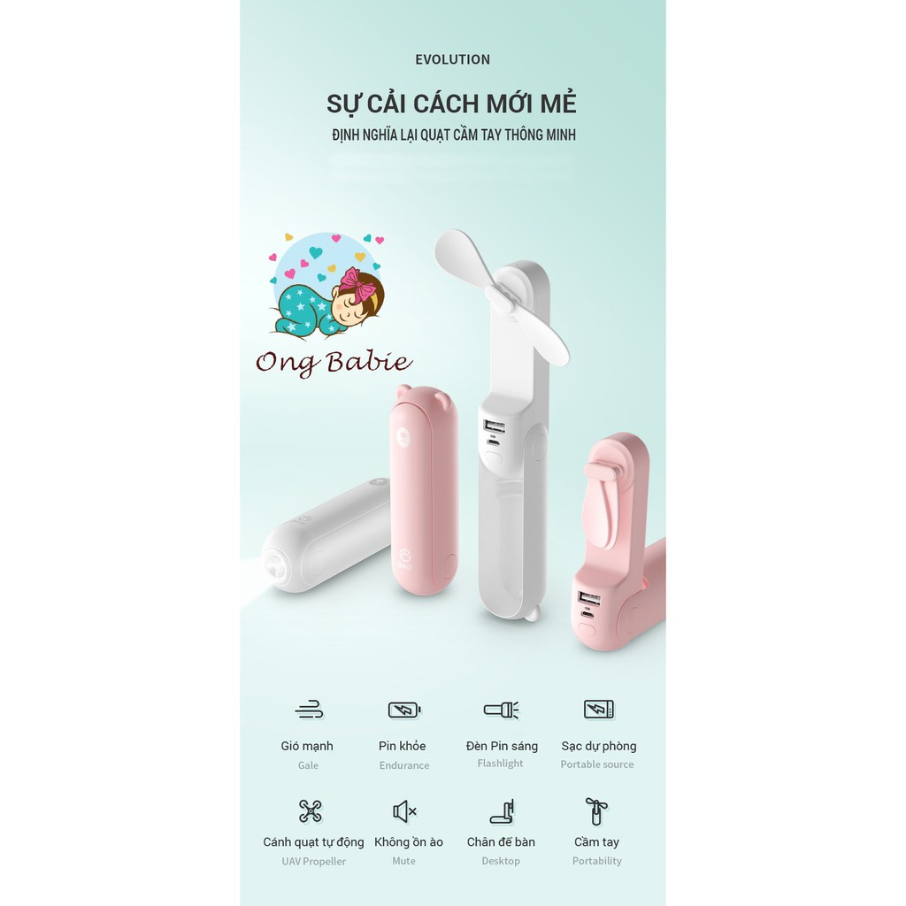 Quạt Mini Cầm Tay 3 in 1 Hình Gấu Bear- Quạt Tích Điện Cầm Tay Jisulife Kiêm Đèn Pin Và Sạc Dự Phòng