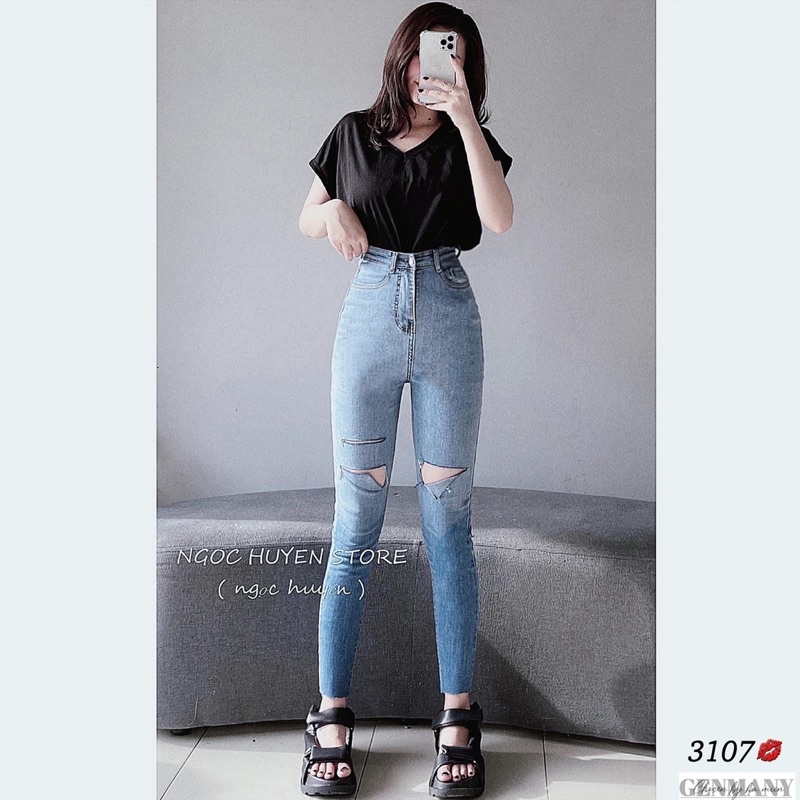 Quần jeans ôm loang rách gối - quần ôm co dãn 4 chiều