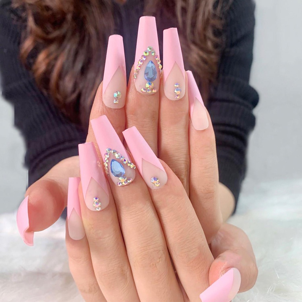 ESPO Hộp 24 Móng Tay Giả Múa Ba Lê Che Phủ Toàn Diện Đính Kim Cương Giả Cho Nữ