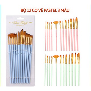 Set 12 cọ vẽ pastel 3 màu hồng, xanh mint, blue