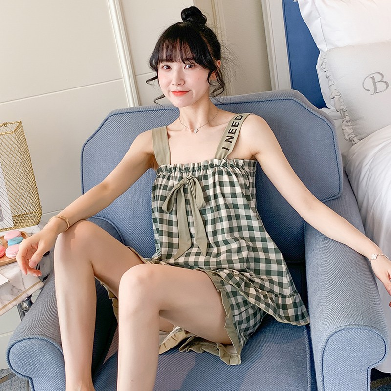 Bộ ngủ bầu 2 dây đẹp mặc nhà kẻ kèm nơ trước ngực BĐ 833