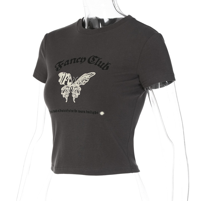 DUNEA Áo Thun Nữ Ngắn Tay Cổ Tròn In Hình Bướm Thời Trang