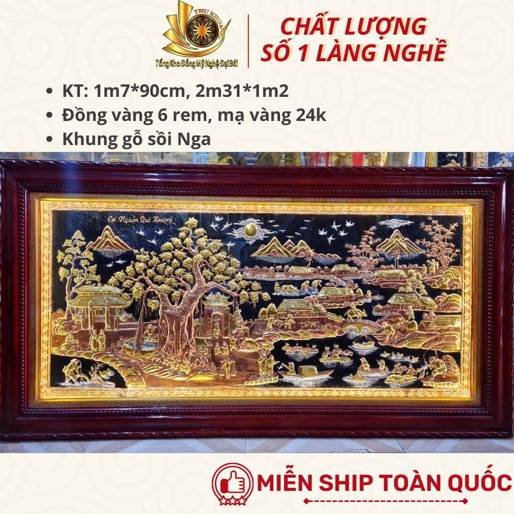 Tranh Cội Nguồn Quê Hương Bằng Đồng 2m31x1m27 Dát V.àng 24K Khung Gỗ Sồi Nga Tranh Quê Hương Trạm Trổ Kỹ