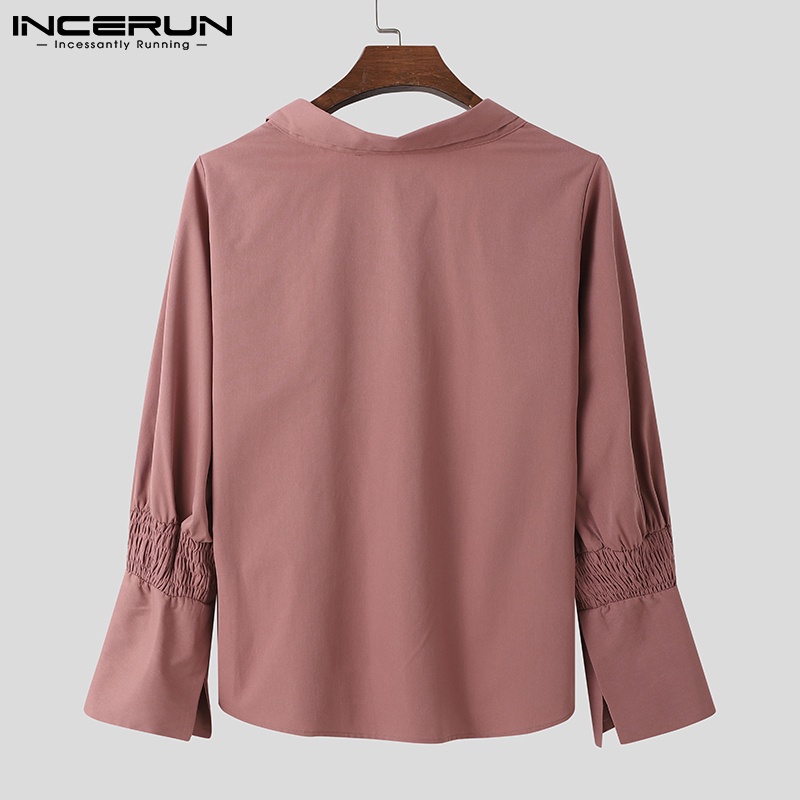 Áo sơ mi nam INCERUN tay dài phồng dáng rộng cài nút màu trơn thời trang vintage