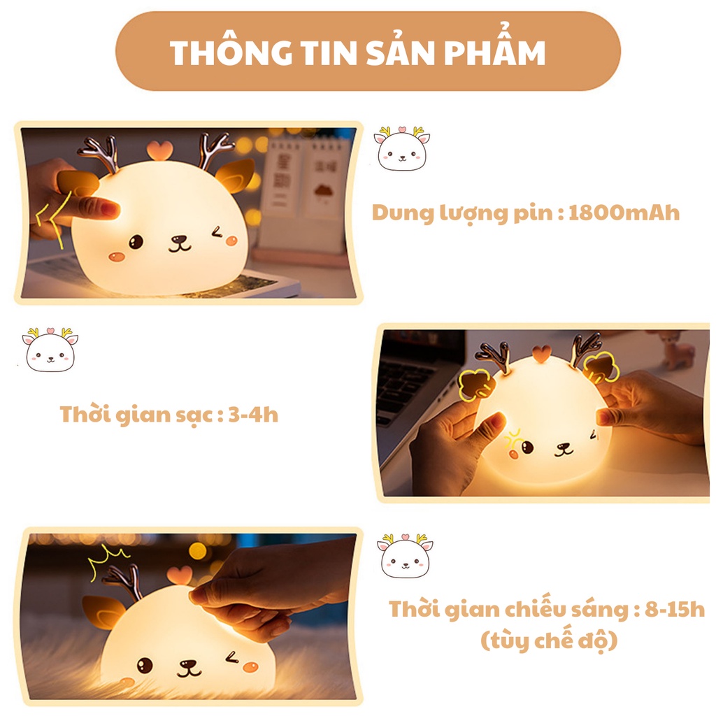 Đèn ngủ sáng tạo silicon chạm để đổi màu chú nai nhỏ dễ thương