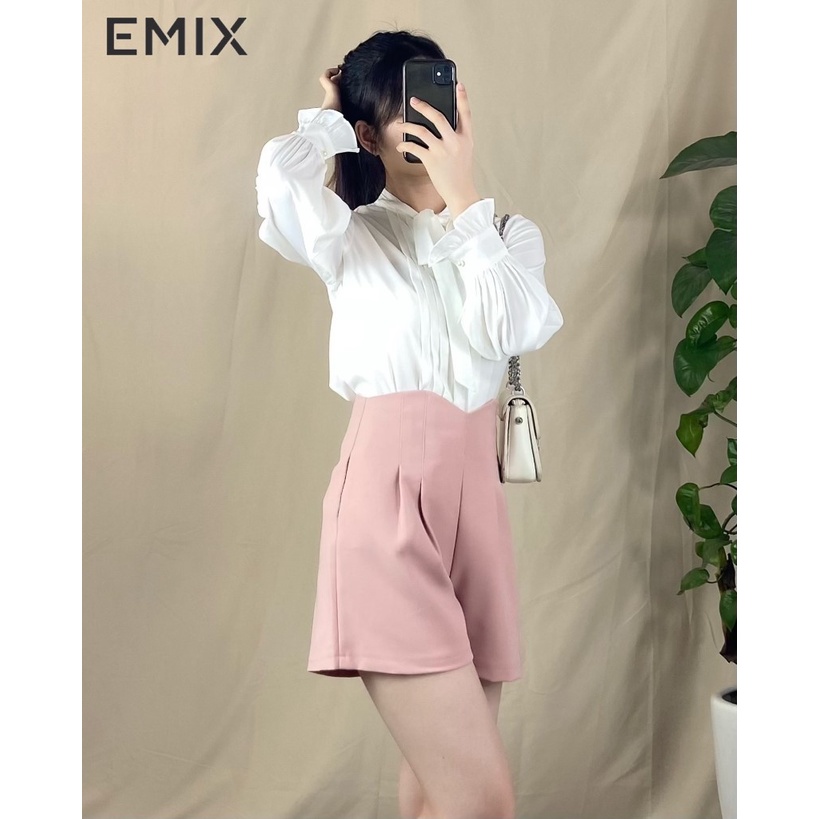 Quần short nữ 2 ly EMIX (màu hồng), dáng ngắn, cạp cao, khóa sau, ống rộng, xếp ly, vải tuyết mưa, mềm mịn, không nhàu