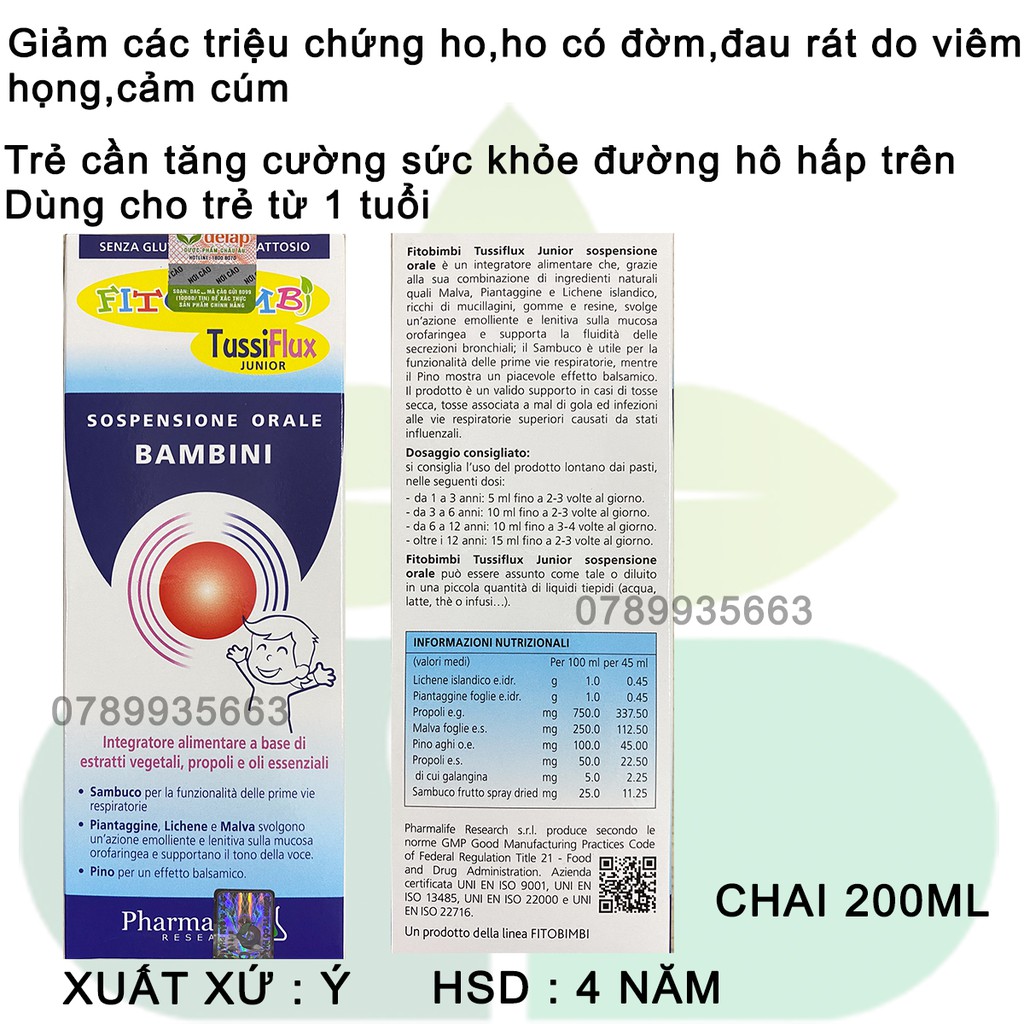 Fitobimbi Tussi Flux Junior Giảm Ho,Hết Đờm,Đau Rát Họng Do Cảm Cúm Viêm Họng Trẻ Nhỏ