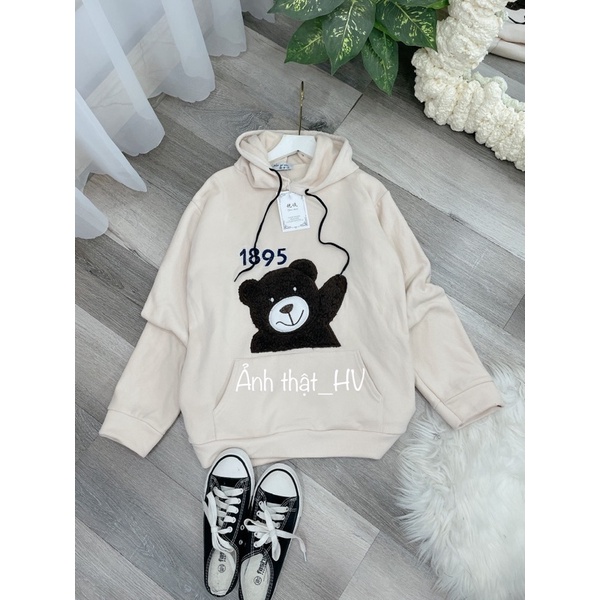 Áo hoodies nỉ mũ gấu thêu 1895