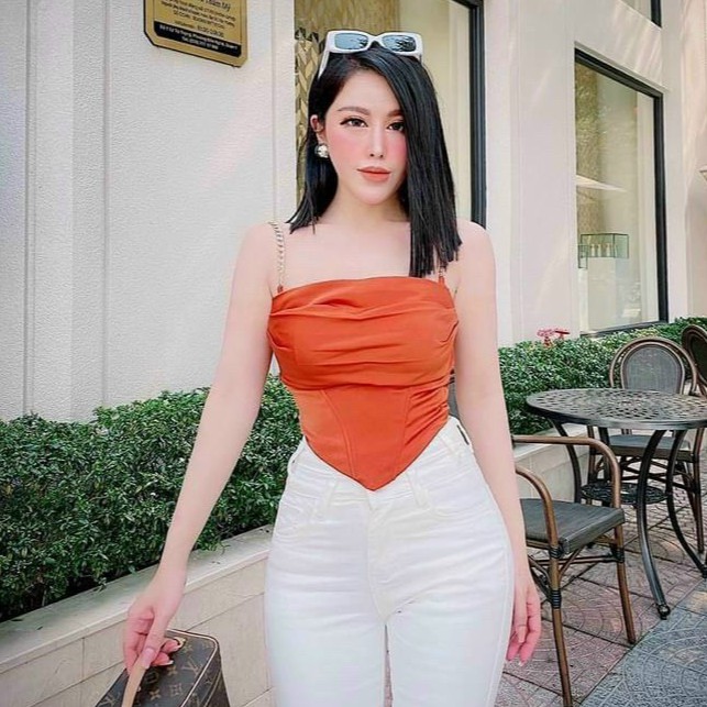 Áo hai dây xích nhúm sườn tà trước nhọn xinh , chất thun bozip dày dặn