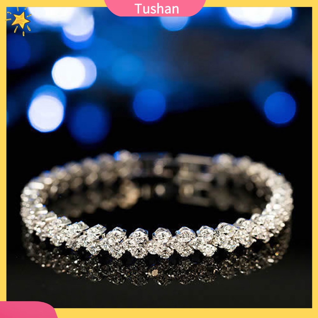 TUSH_Woman Cubic Zircon Rhinestone Inlaid Plated Bracelet Bangle Wrist Jewelry Gift