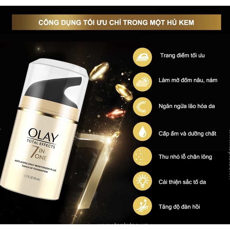 Kem dưỡng da chống lão hóa nâng Tone Olay Total Effects 7 in 1 Moisturizer Plus Touch Of Foundation 50ml Hàng Nhập USA