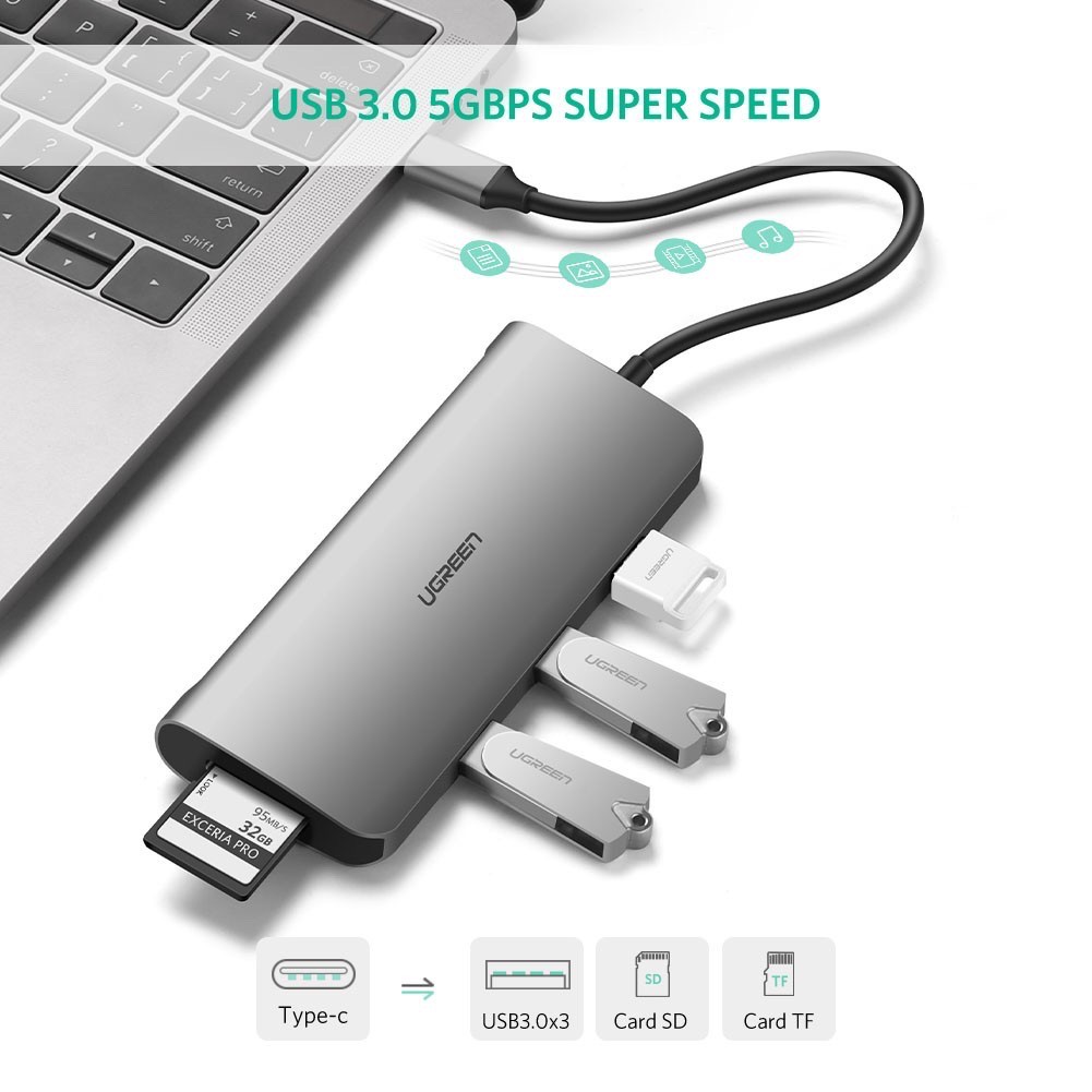 Cáp Chuyển Hub Ugreen  9 in 1 USB Type C Sang  3xUSB 3.0 + HDMI + RJ45+ VGA + SD,TF Ugreen 40873 Chính Hãng Việt Nam