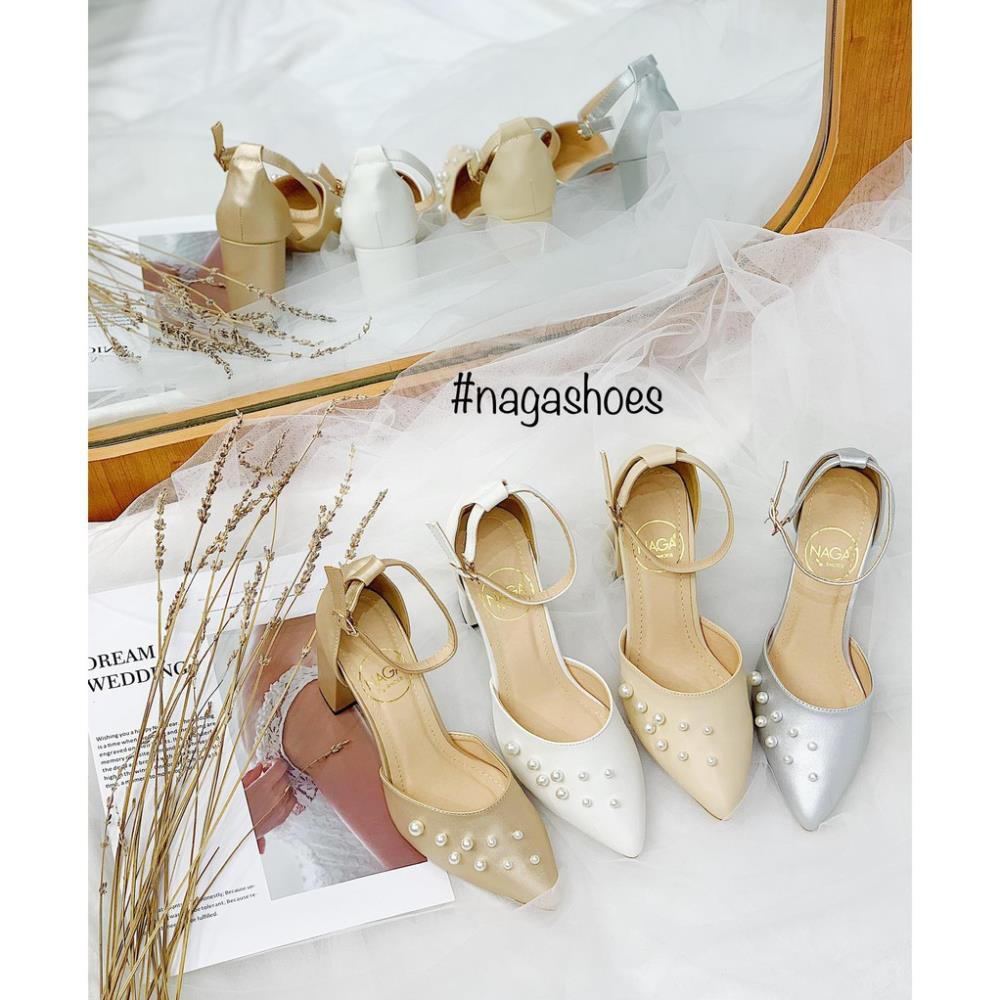GIÀY CAO GÓT NAGASHOES MŨI NHỌN ĐÍNH NGỌC TRAI NHÂN TẠO 7P NAC130 -b1d
