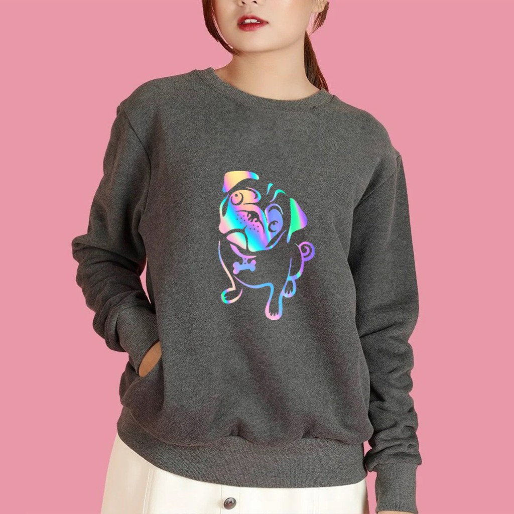 Áo Sweater nỉ phản quang in hình thời trang Unisex form rộng dài tay Chó PUG AS19 Lotus nam nữ Oversize phong cách Hàn