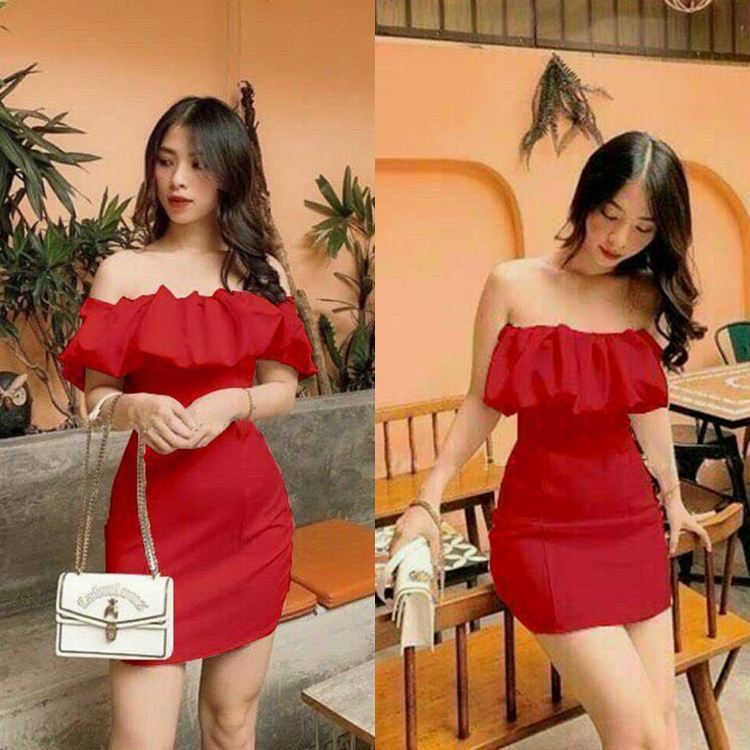 Đầm Thun Ôm Body Trễ Vai Nhún Bèo Kèm Cúp Ngực[Hàng Thiết Kế Chuẩn Shop]