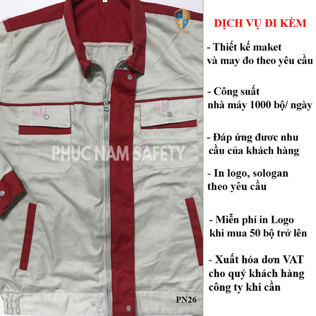 Bộ quần áo bảo hộ lao động ghi sáng phối đỏ có khóa kéo PN26, Quần áo bảo hộ lao động PN26, BHLĐ Phúc Nam