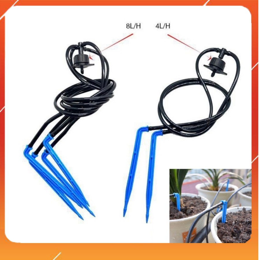 Bộ tưới nhỏ giọt kèm bù áp 4 que cắm kết nối ống LDPE Thích hợp tưới dưa lưới, dâu tây, cây trồng trong chậu