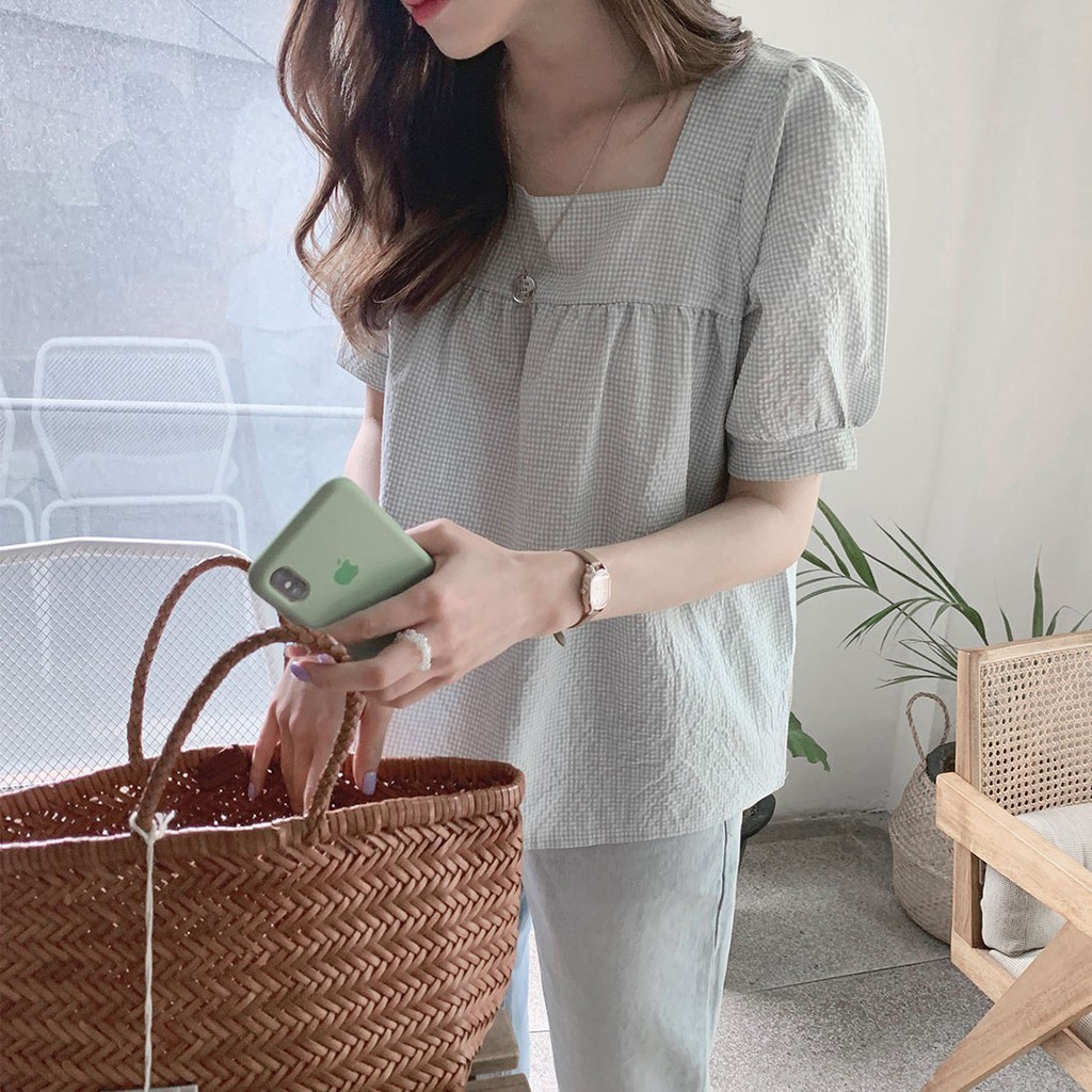 Áo sơ mi nữ cổ vuông tay ngắn họa tiết caro phong cách thời trang Hàn Quốc 34076