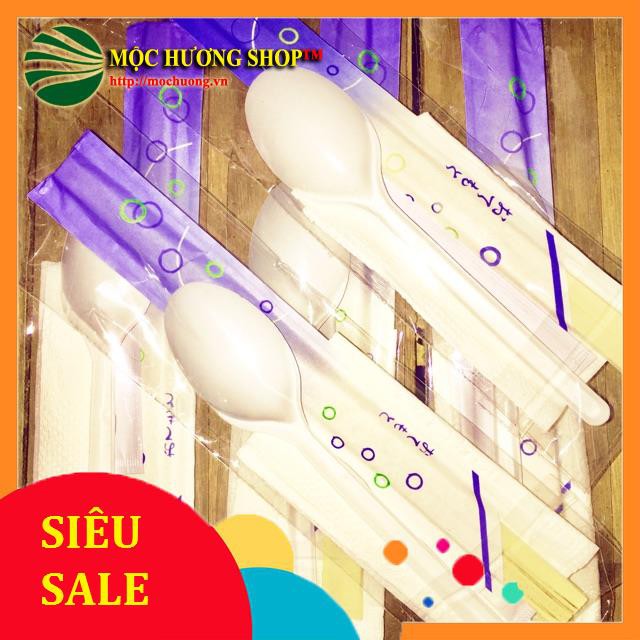 Combo 100 bộ dụng cụ dùng ăn nhanh 4 món (gồm đũa, thìa, tăm, giấy)