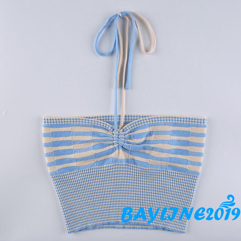Bay-Women´s Halterneck Tank Tops, Sleeveless Stripe Printed Slim Fit Summer Knitted Tanks, One Size