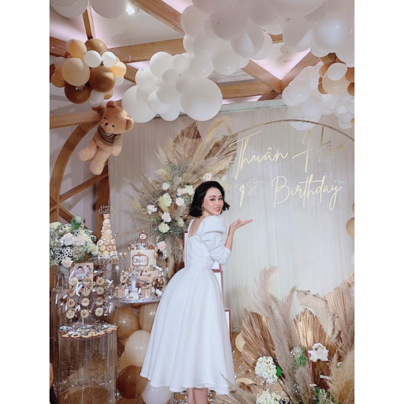 Váy dự tiệc cổ vuông tay dài xoè phồng Poly- hình thật trải sàn | BigBuy360 - bigbuy360.vn