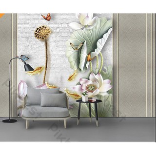 Tranh dán tường Tranh phong thủy phù điêu bông sen vàng, tranh dán tường 3d hiện đại (tích hợp sẵn keo) MS933133