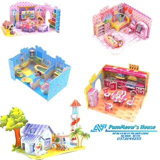 DIY lắp ráp mô hình 3D xốp : LÂU ĐÀI + NỘI THẤT TRONG NHÀ BÚP BÊ