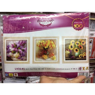 Tranh thêu chữ thập bộ hoa 3 bức đẹp 122*42cm