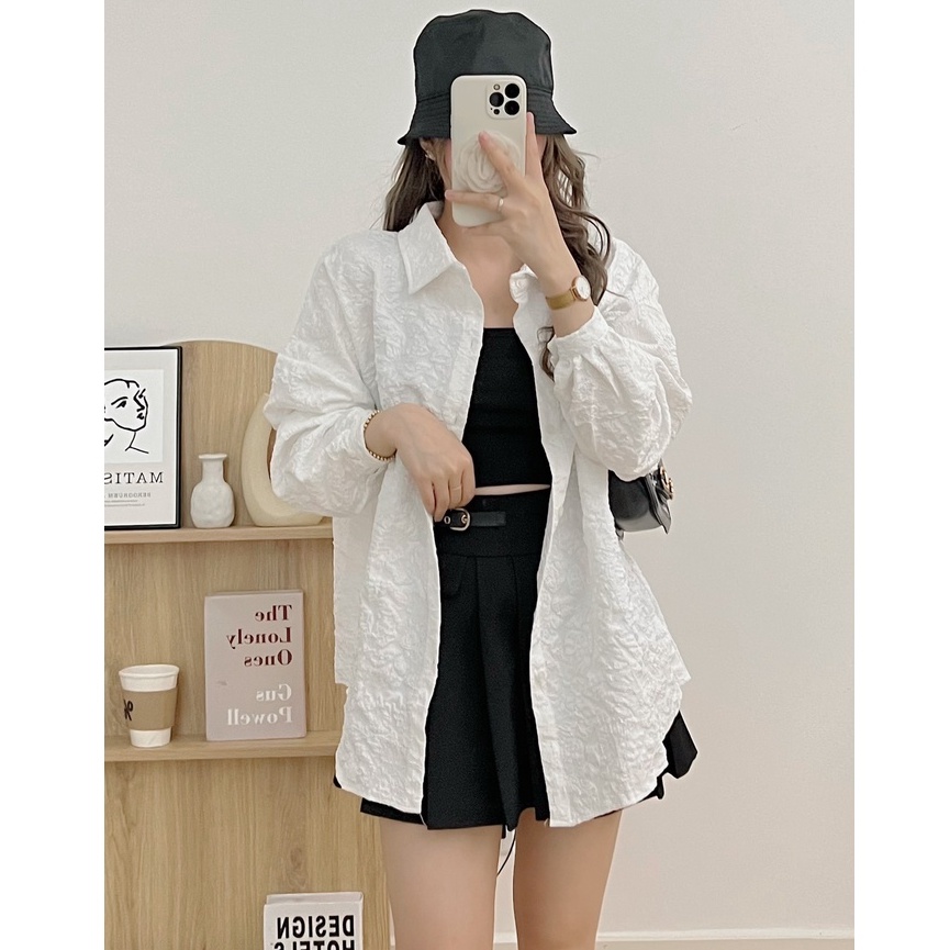 Áo Sơ Mi Nữ Dáng Rộng Oversize Chất Gấm Xốp Hoa Nổi 3D Dài Tay - Hanju